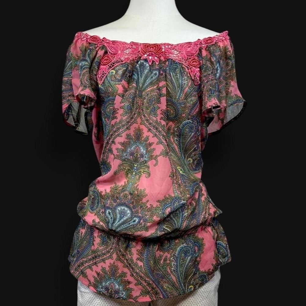 NWT Y2K Sheer Embellished Fairy Boho Paisley Batwing Top Smocked Womens S